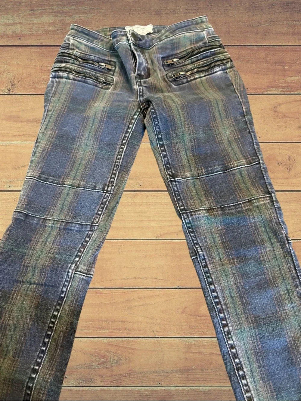 Free People Women's Lennon Tartan Plaid  Ankle  Zip Moto Jeans Size 24